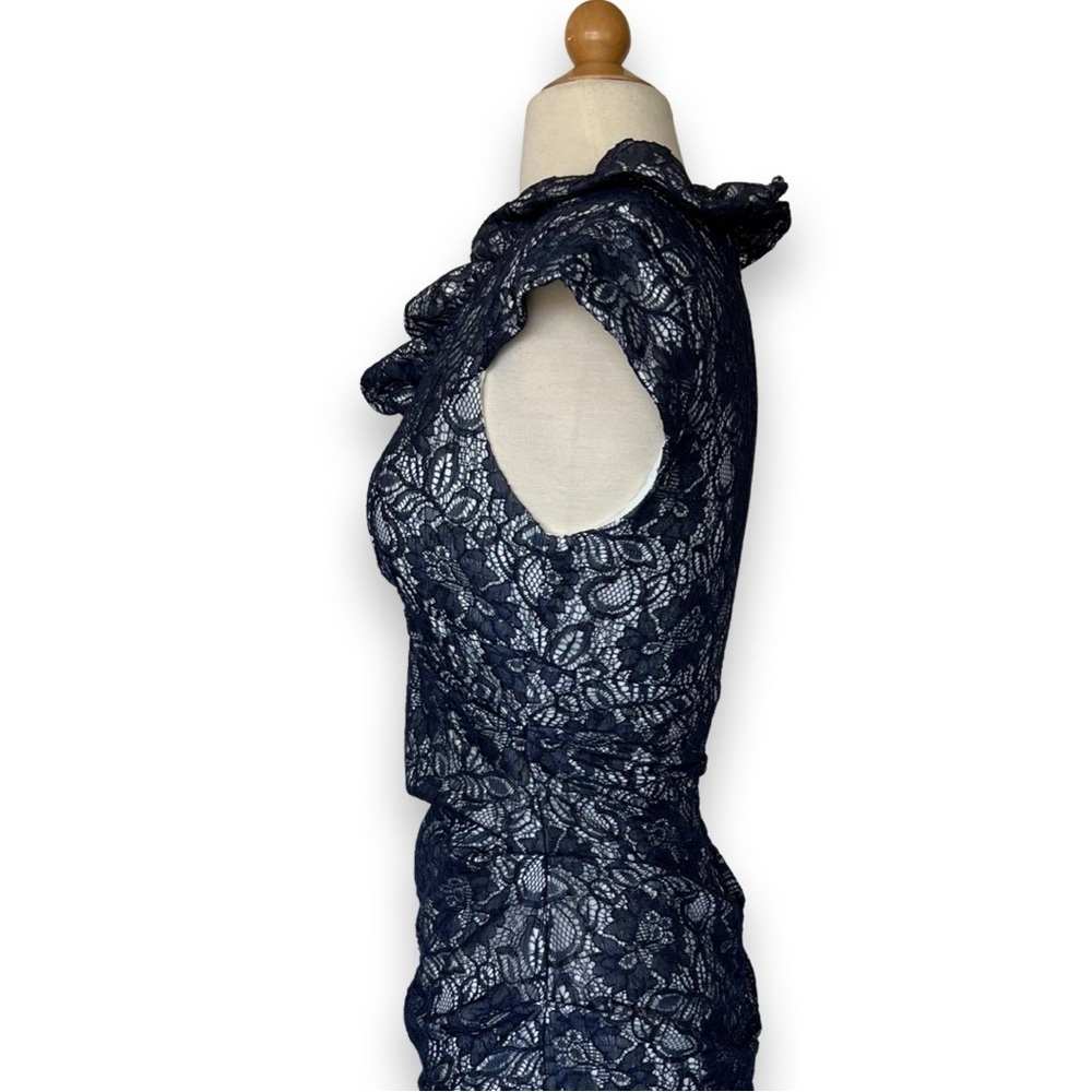 Xscape Lace midi dress ruffle shaping Bodycon cap sleeve ruched dark blue size 4 - Picture 4 of 9